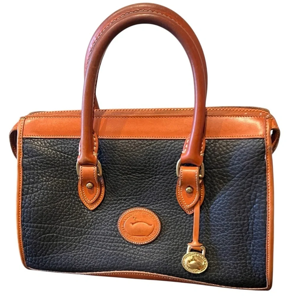 Dooney & Bourke All Weather Handbag Satchel Pebble Grain Black and Tan, 1980s